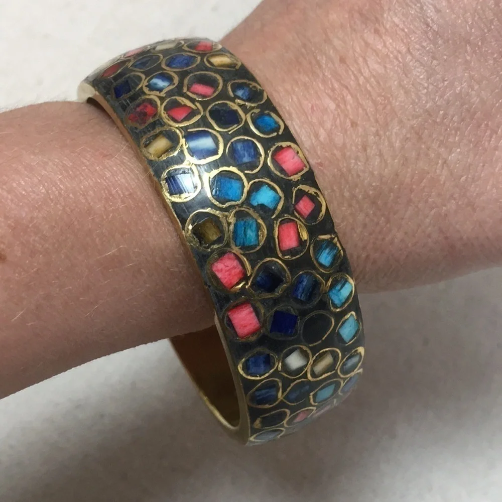 Wide brass shell inlaid bangle Bracelet